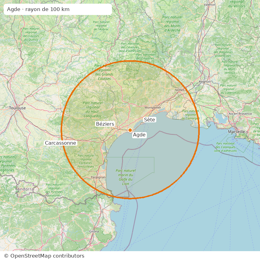 Carte géographique avec le rayon de 100 km à vol d’oiseau autour d’Agde.